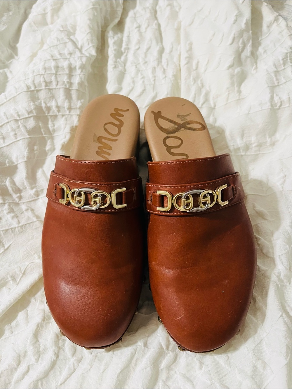 Sam Edelman Saddle Brown Leather Mule Clogs with Gold Buckle Accent